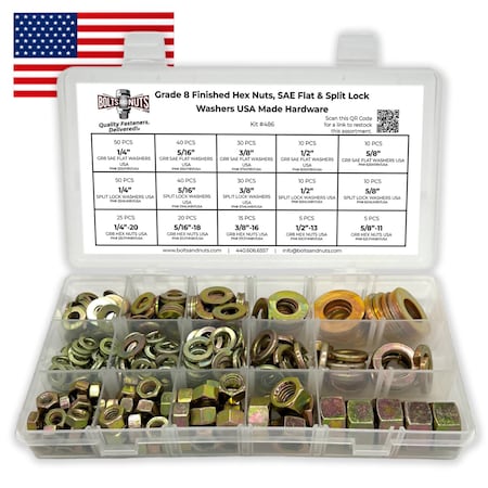 Boltsandnuts.Com Inch Grade 8 Finished Hex Nuts, SAE Flat & Split Lock Washers Hardware Assortment - 351 Pcs Assortment Kit #486